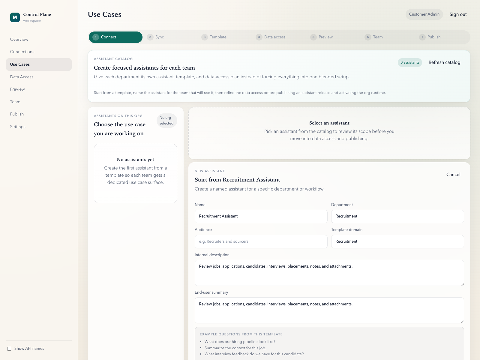 Recruitment template setup screenshot